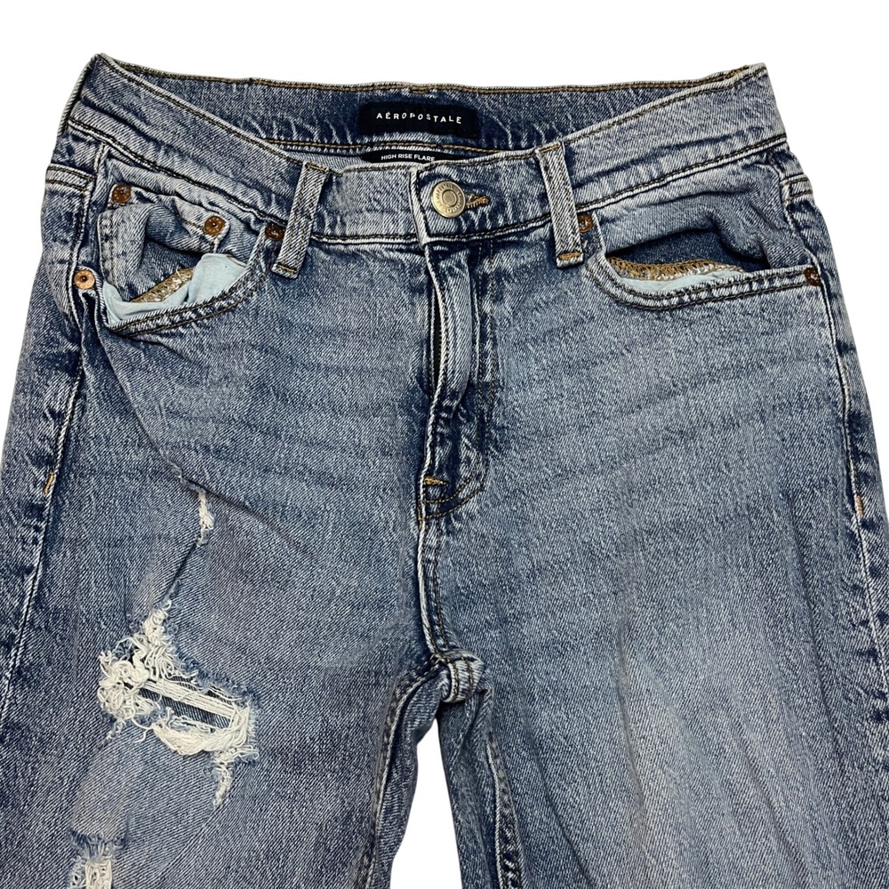 Aeropostale Jeans Womens 8R Blue High Rise Flare Distressed Denim‎ Stretch